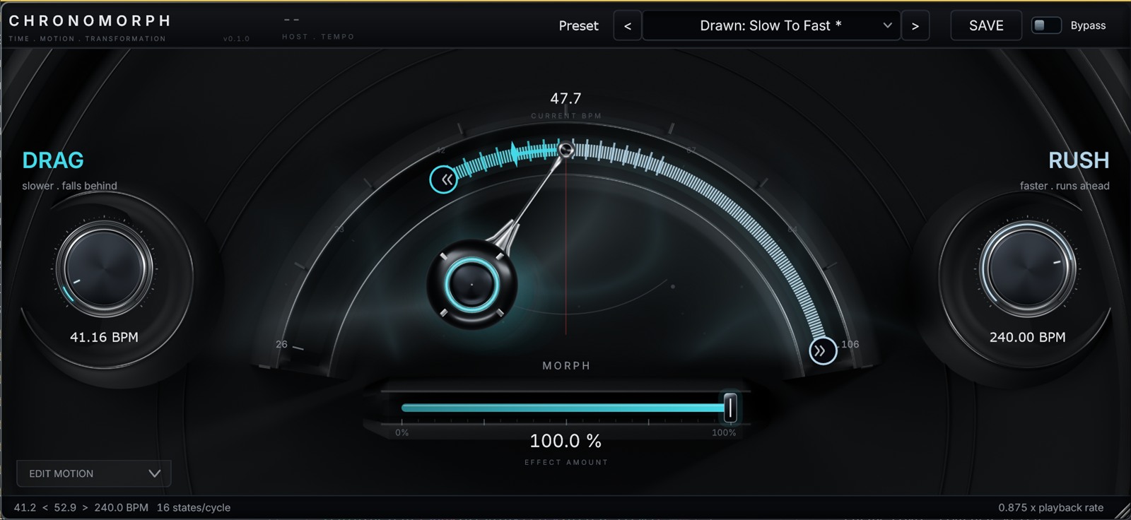 CHRONOMORPH compact view: the DRAG dial on the left, the MORPH tempo meter in the middle, the RUSH dial on the right and the effect amount slider below