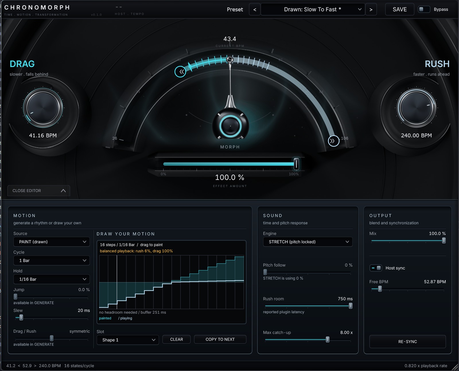 CHRONOMORPH with the motion editor open below the dials